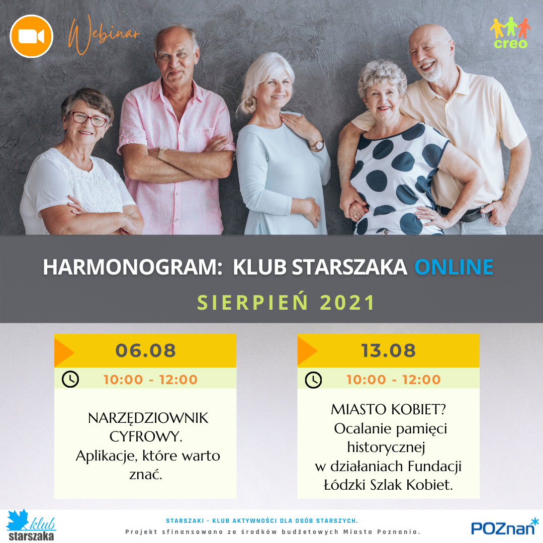 Harmonogram klubu starszaka online sierpień 2021. Pozuje grupa uśmiechniętych seniorów.