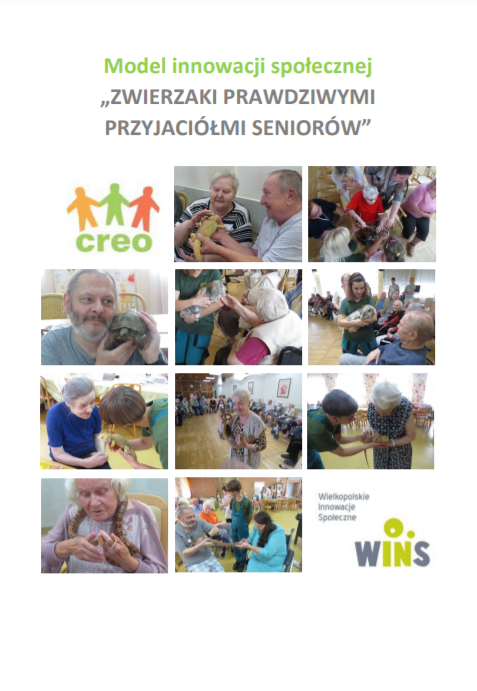 kolaż zdjęć seniorów ze zwierzętami z plakatu zwierzaki prawdziwymi przyjaciółmi seniorów